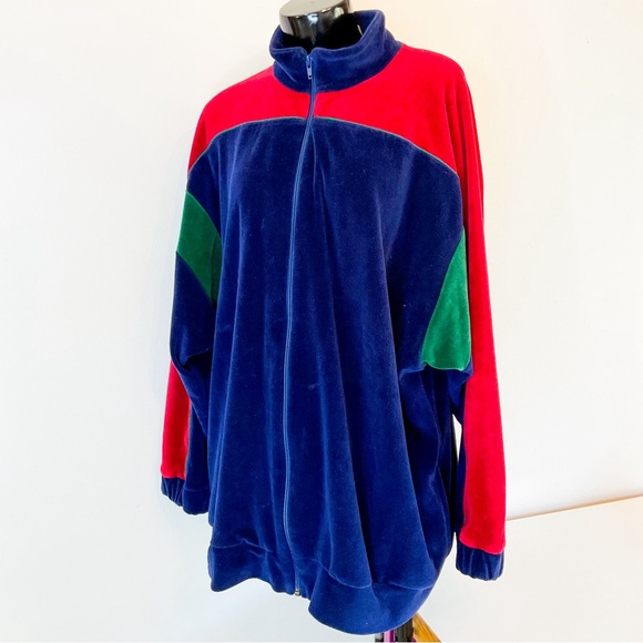 Vintage Jackets & Blazers - 90s VINTAGE Velvet Red Blue & Green Zip Up Track Jacket